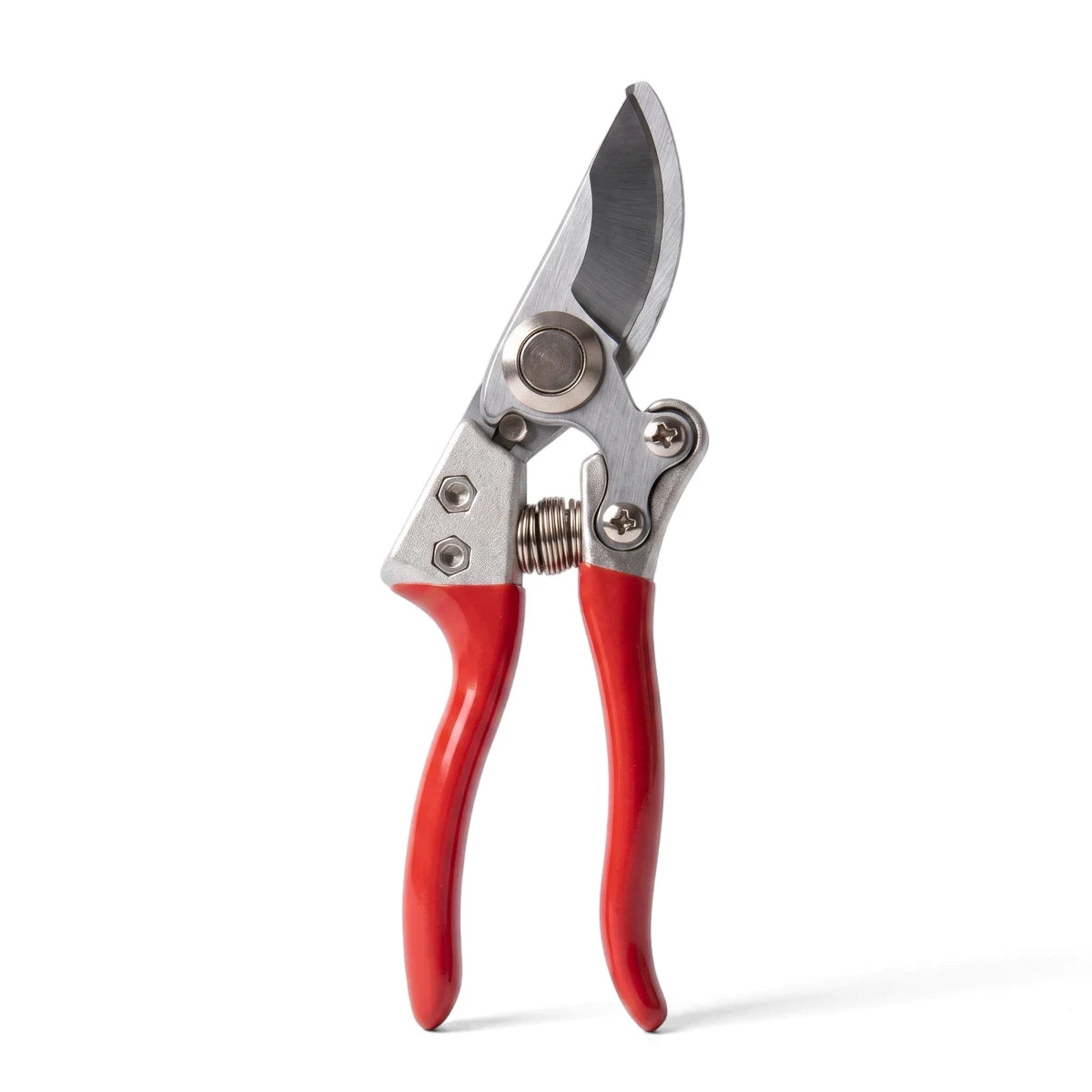 Bypass pruning shears with silver blades and red ergonomic handles, shown upright against a white background.