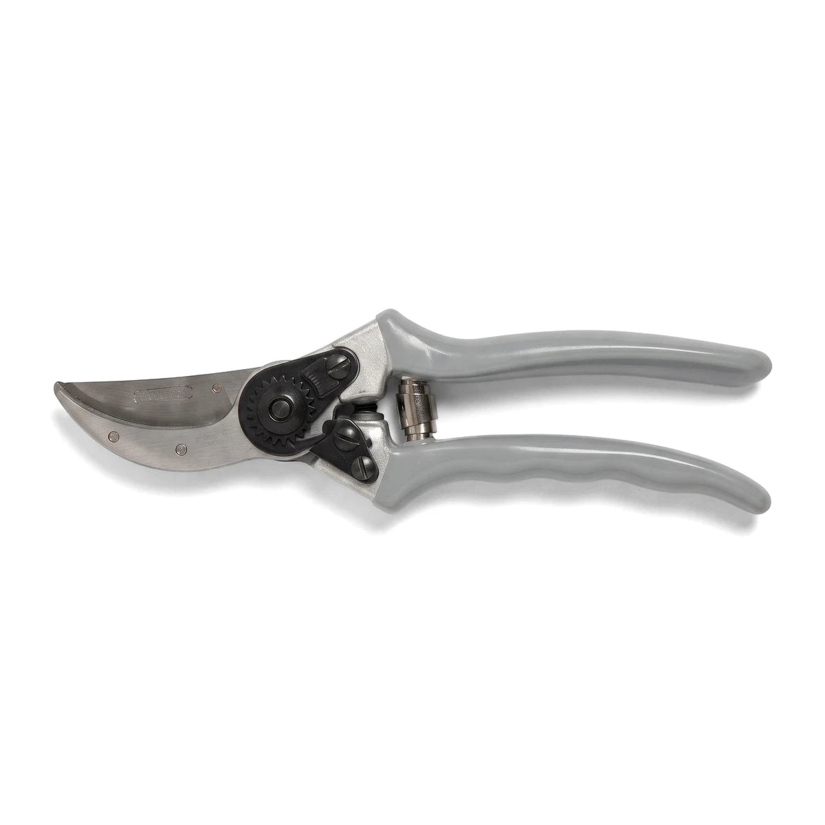 Close-up of silver and grey bypass pruning shears, an ergonomic gardening tool for cutting branches and plants.