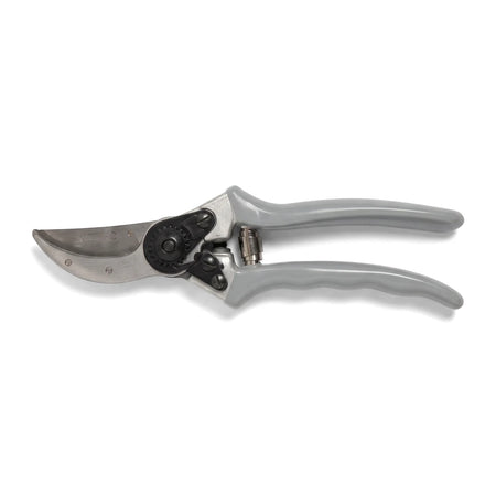 Close-up of silver and grey bypass pruning shears, an ergonomic gardening tool for cutting branches and plants.