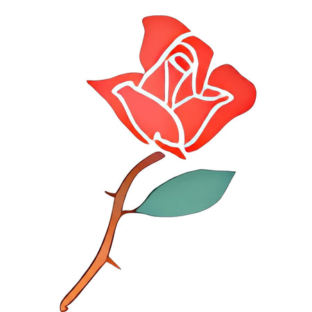 Red rose C104 Stencil 119 paint stencil featuring a detailed rose bloom, a thorny stem, and a single green leaf.