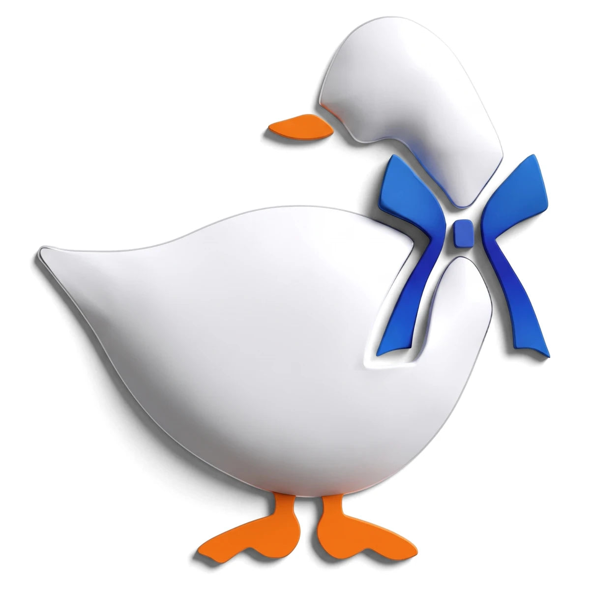 A white stylized goose with an orange beak and feet, wearing a blue bow, shown as a design for a paint stencil.