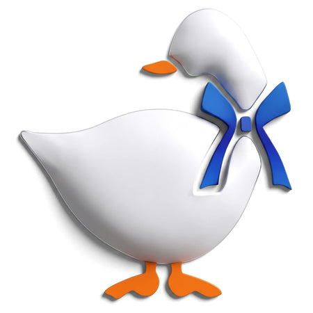 A white stylized goose with an orange beak and feet, wearing a blue bow, shown as a design for a paint stencil.