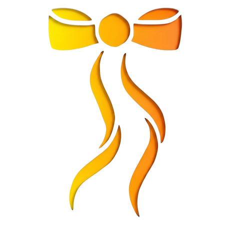 A vibrant yellow and orange C111 Stencil 126 paint stencil featuring a stylized bow with flowing ribbons, on a white