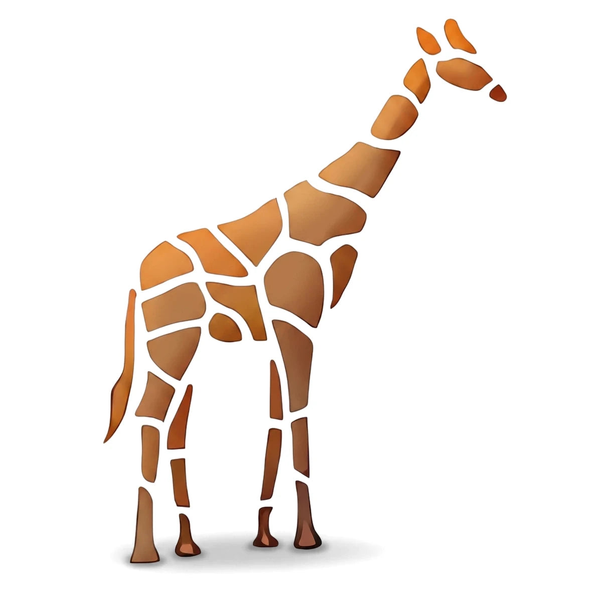 A C116 Stencil 131 paint stencil featuring a standing giraffe with brown and orange geometric patterns on a white background.