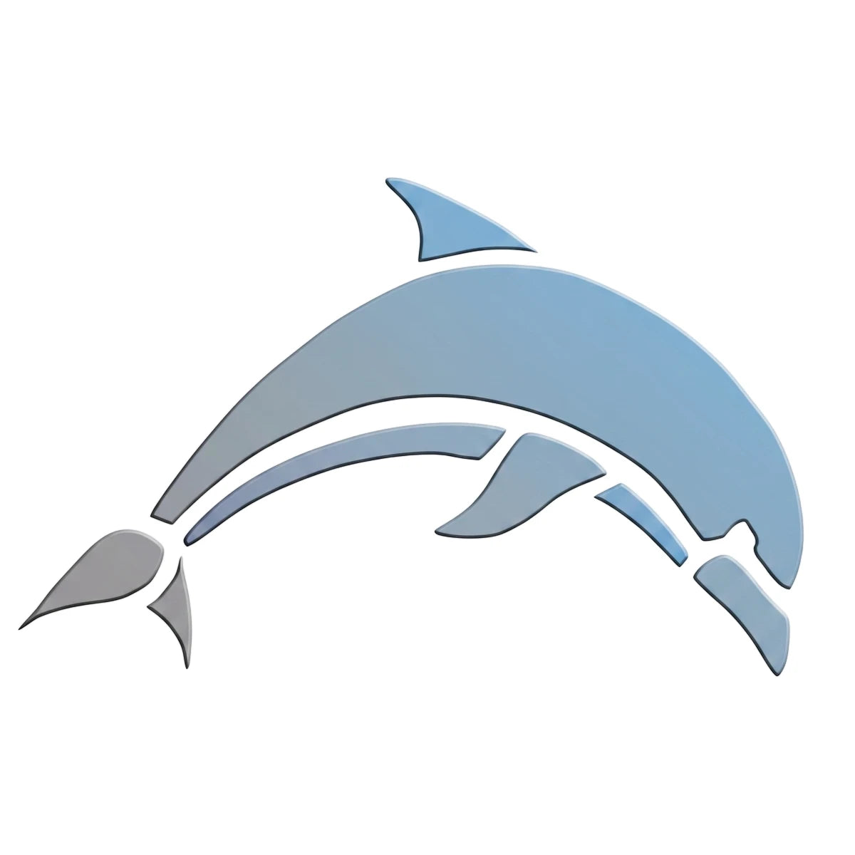A jumping blue dolphin stencil design with segmented body details, featuring shades of light blue and gray.
