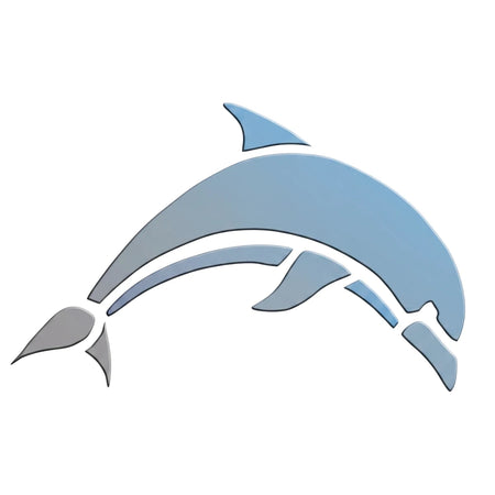 A jumping blue dolphin stencil design with segmented body details, featuring shades of light blue and gray.