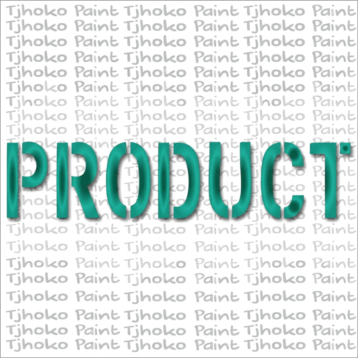 Teal/turquoise 'PRODUCT' text in a stencil font, highlighted against a background of repeating 'Tjhoko Paint' branding.