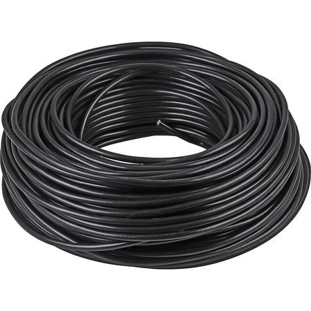 A neatly coiled roll of black Cabtyre 1.5mm x 3 core electrical wire, suitable for various wiring applications.