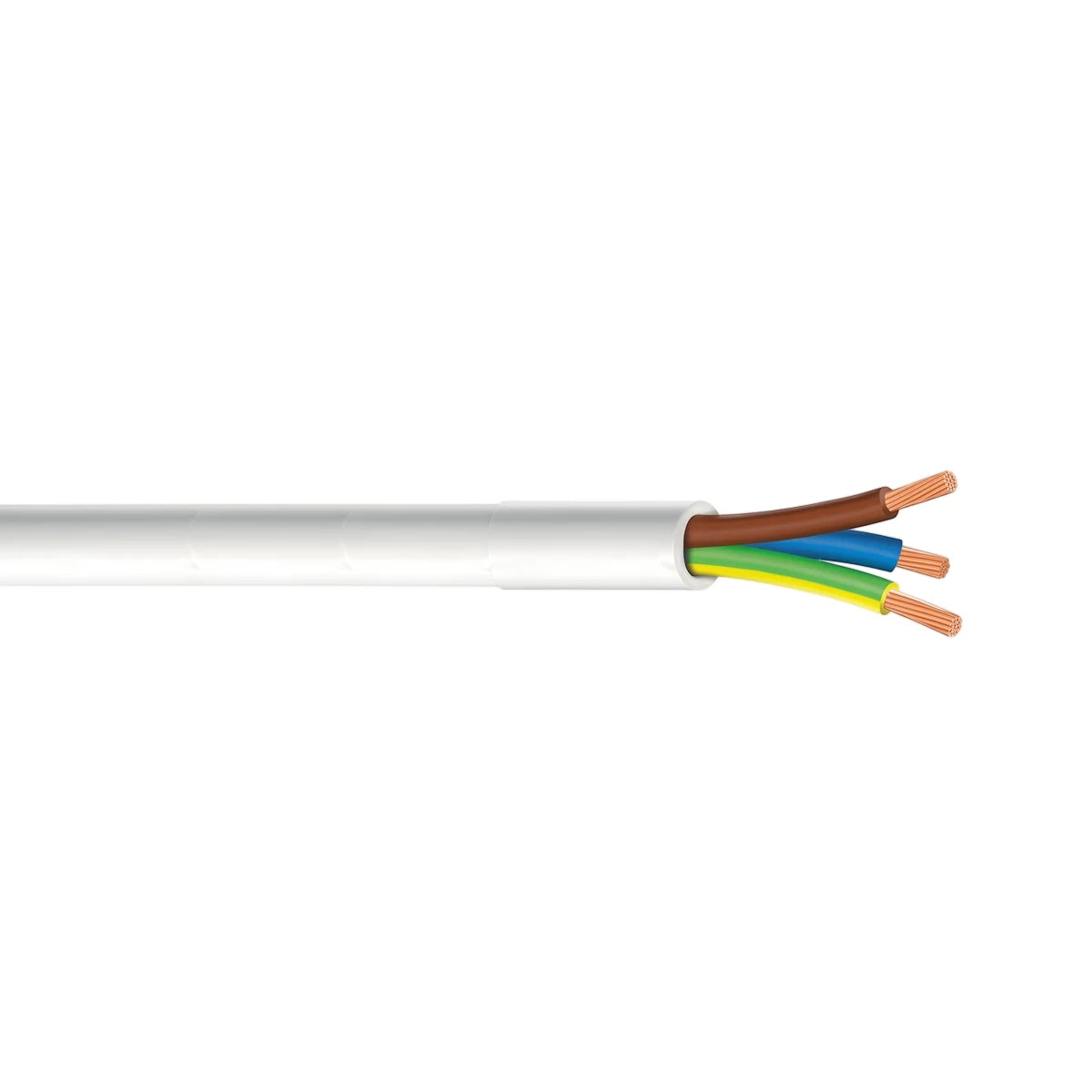 Cabtyre 1.5mm 3 core white electrical cable segment, featuring exposed brown, blue, and green/yellow insulated copper wires.