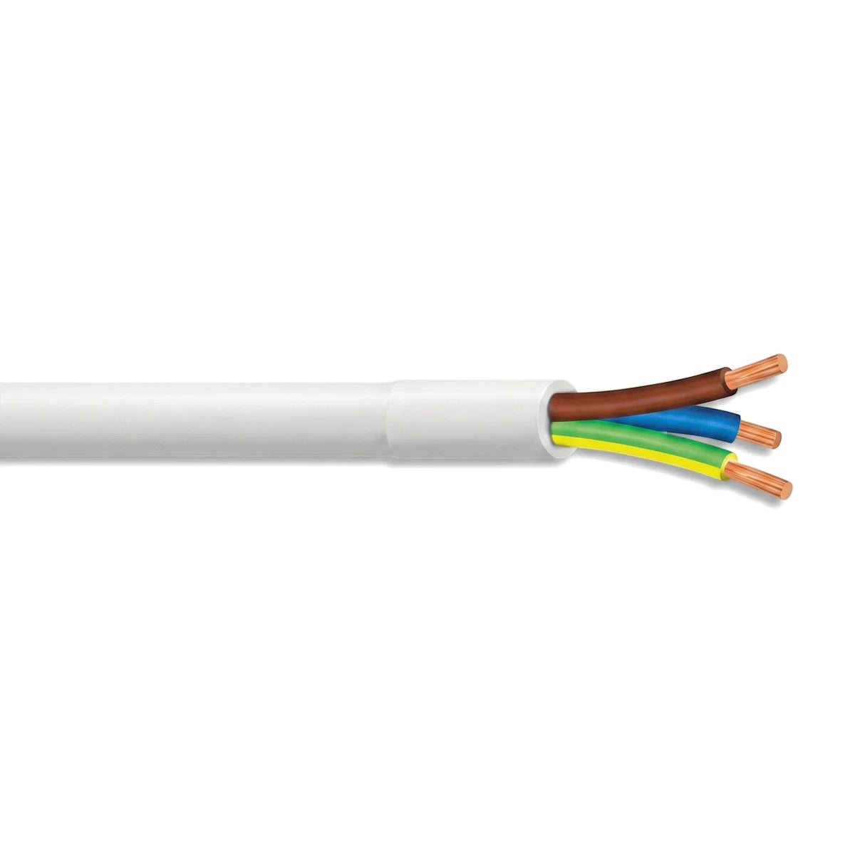 White Cabtyre 2.5mm X 3 Core electrical cable with exposed brown, blue, and green/yellow wires.