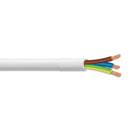 White Cabtyre 2.5mm X 3 Core electrical cable with exposed brown, blue, and green/yellow wires.