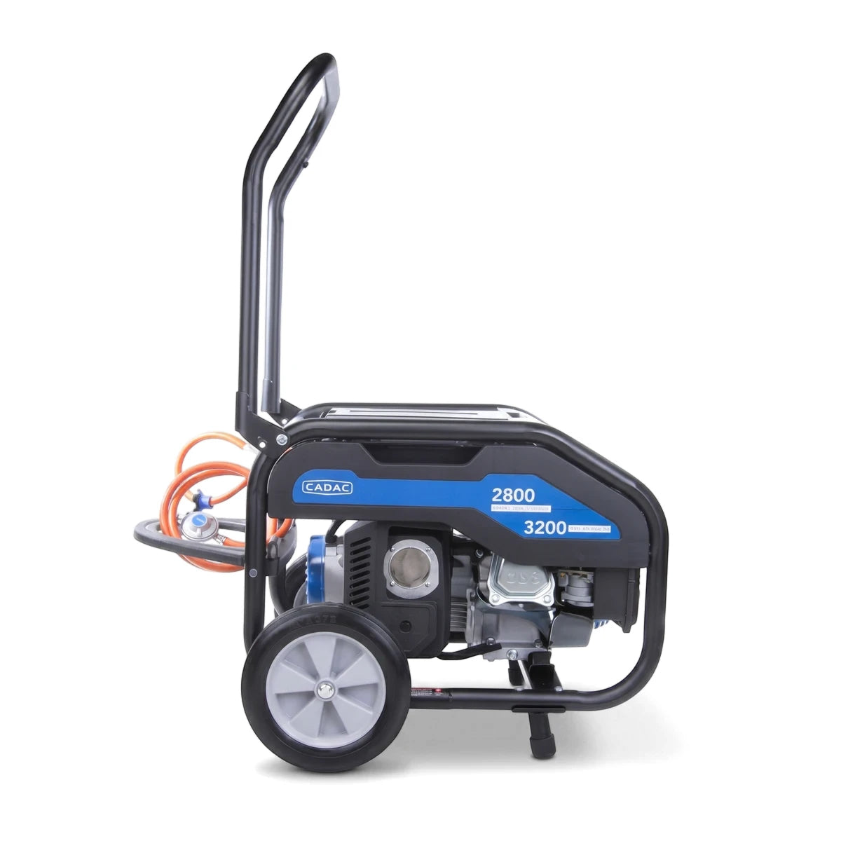 Side view of a Cadac 3200W LPG gas generator, blue and black with an orange hose, on a white background.