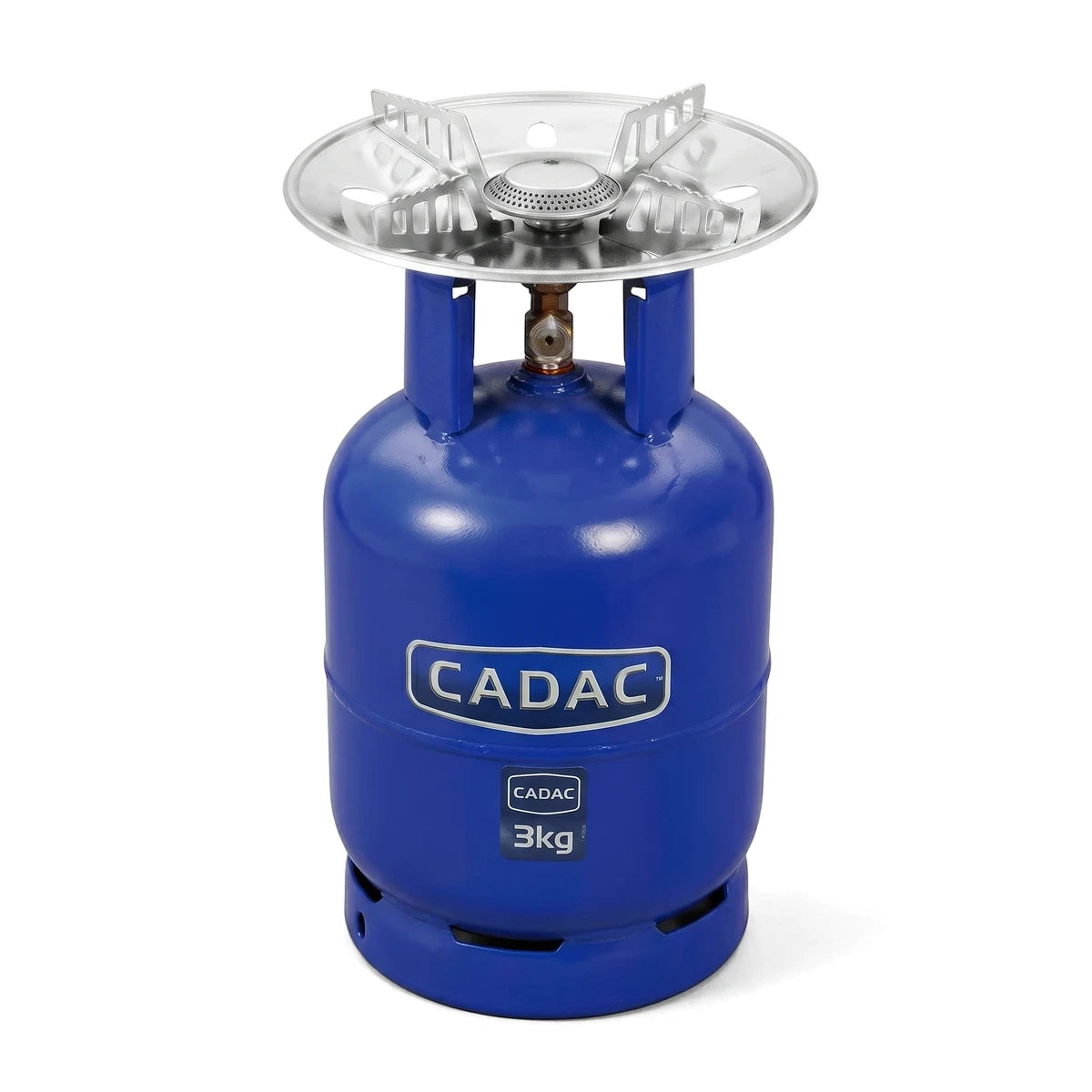 Blue Cadac 3kg Budget Pack Gas Cylinder Set with burner attachment, ideal for portable camping and outdoor cooking.
