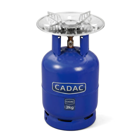 Blue Cadac 3kg Budget Pack Gas Cylinder Set with burner attachment, ideal for portable camping and outdoor cooking.