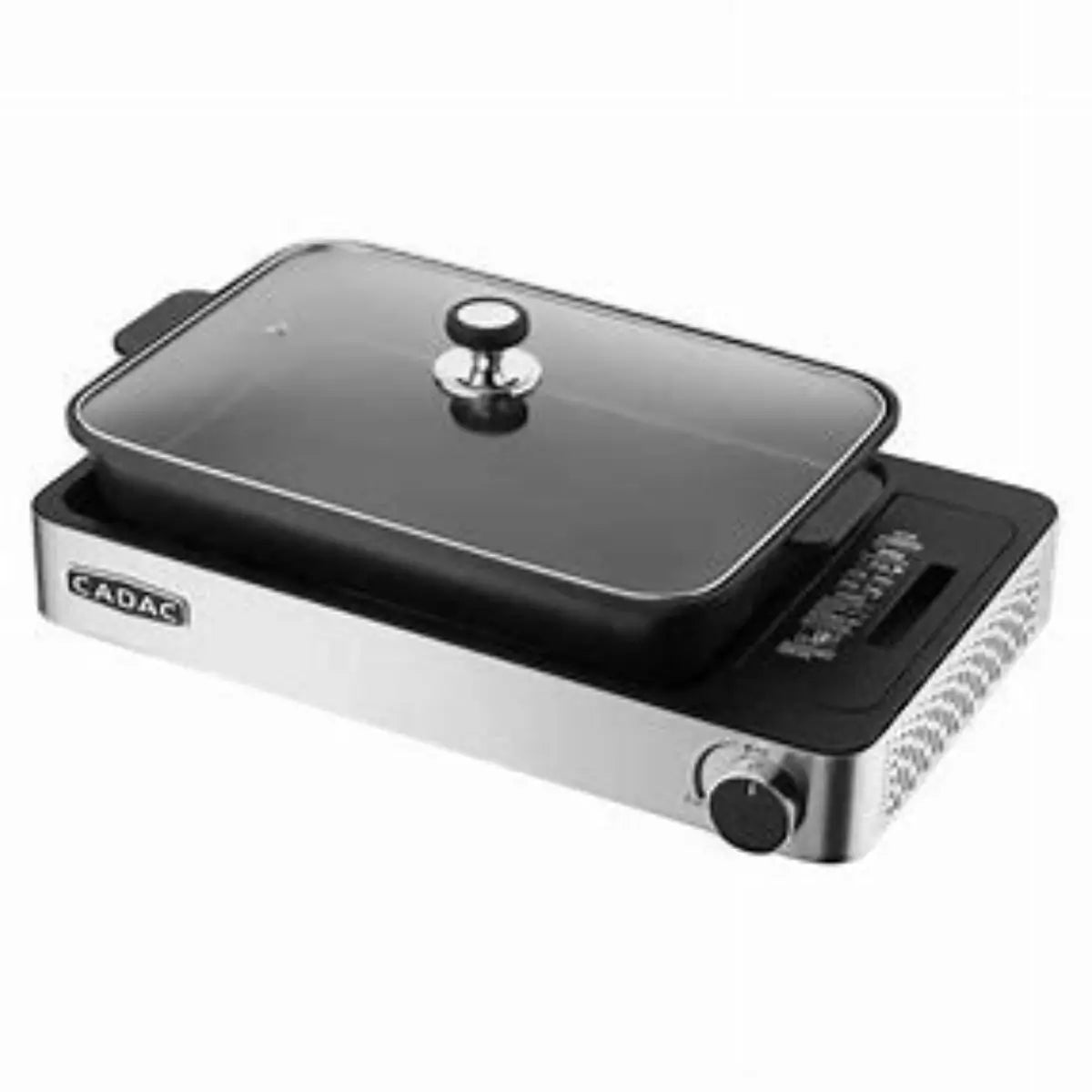 cadac portable stove with glass lid, stainless body and control knob on front panel