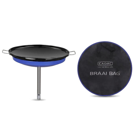 Cadac Skottel Braai Gas BBQ with a black griddle, blue base, and silver pole, accompanied by a black portable braai bag.