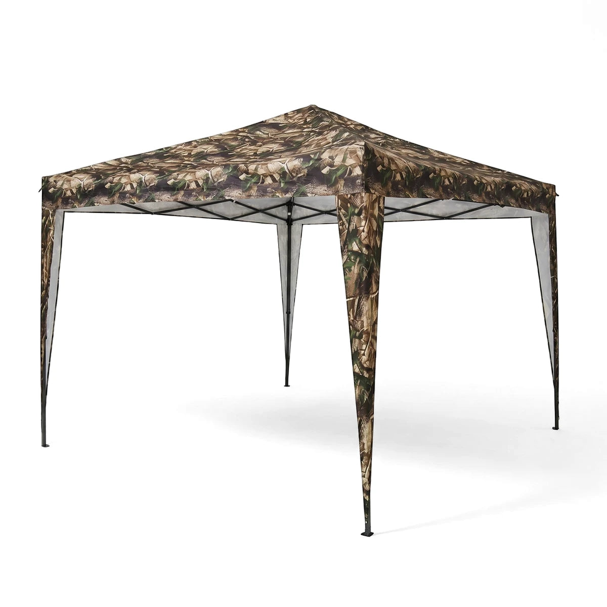 Camouflage pop-up gazebo, 3x3M, featuring a peaked roof and four support legs, ideal for outdoor shade.