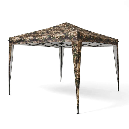 Camouflage pop-up gazebo, 3x3M, featuring a peaked roof and four support legs, ideal for outdoor shade.