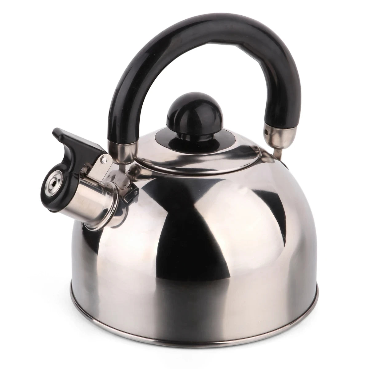 Stainless steel whistling kettle with a black handle and spout, reflecting light, seen from a slightly elevated angle on a