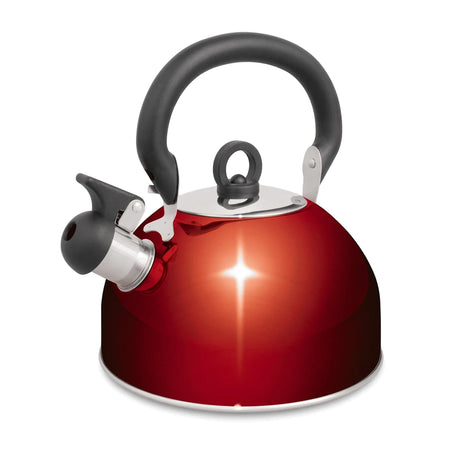 A bright red Campfire Whistling Kettle made of stainless steel, 2.5 liter capacity, shown from a front view.
