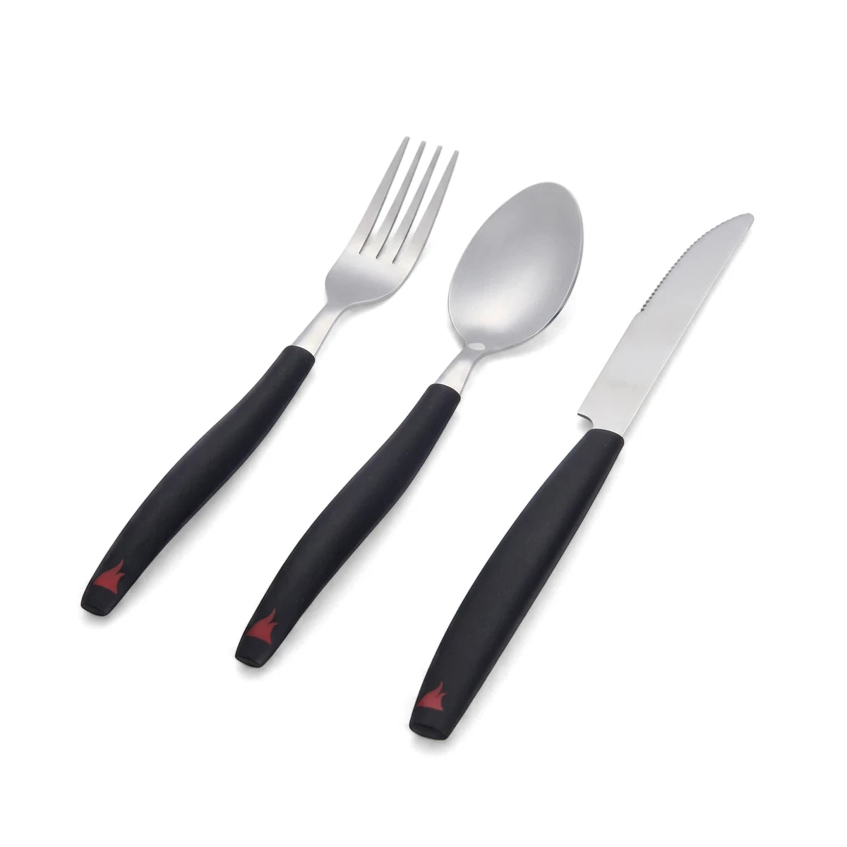 A three-piece camping cutlery set featuring a fork, spoon, and knife with black handles and silver metal, arranged