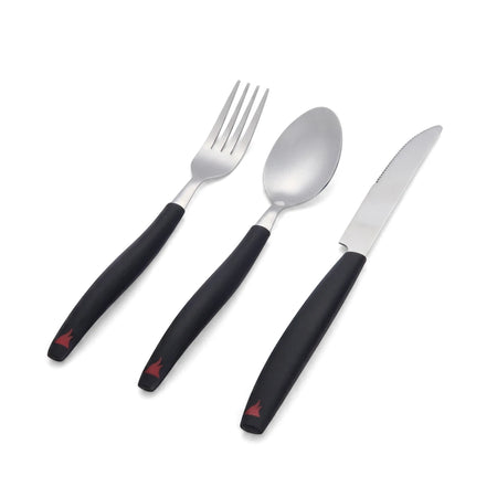 A three-piece camping cutlery set featuring a fork, spoon, and knife with black handles and silver metal, arranged