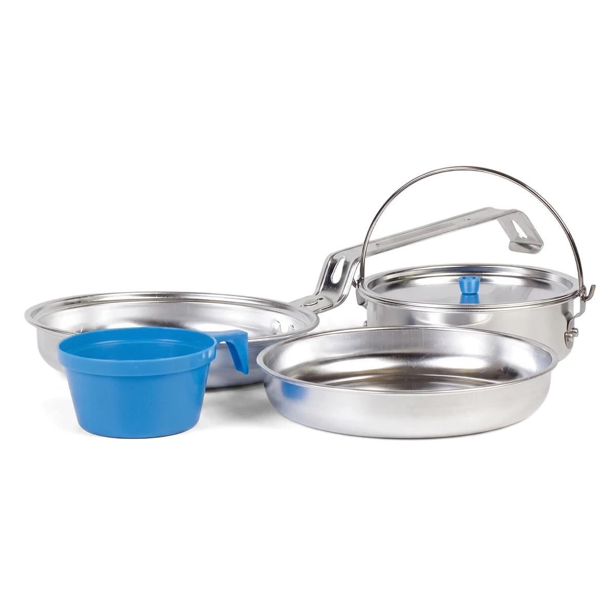 A 5-piece aluminum camping mess kit including pots, pans, and a blue plastic cup, arranged for portable outdoor cooking.