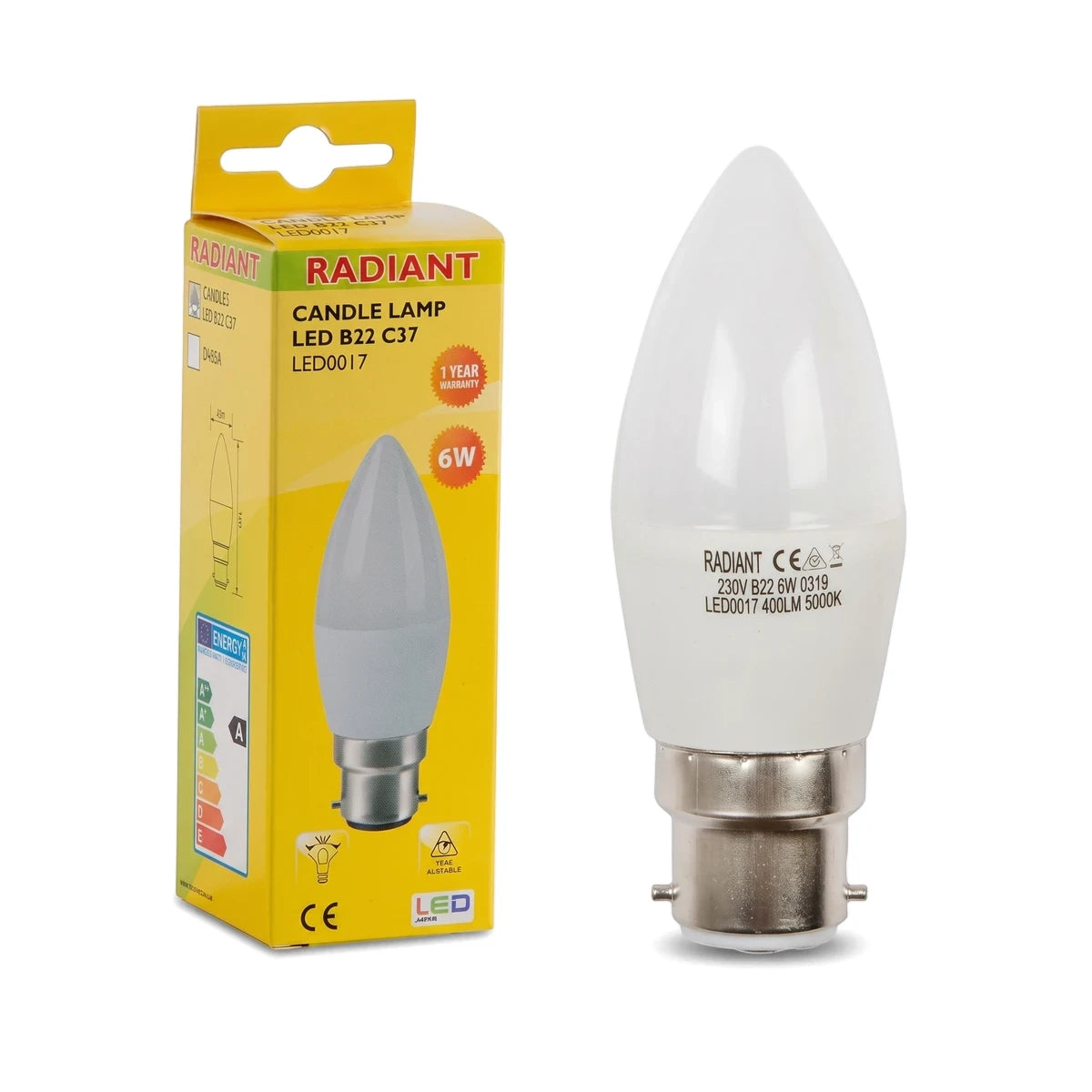 Frosted B22 6W LED candle lamp bulb shown next to its yellow packaging, highlighting specifications and brand details.