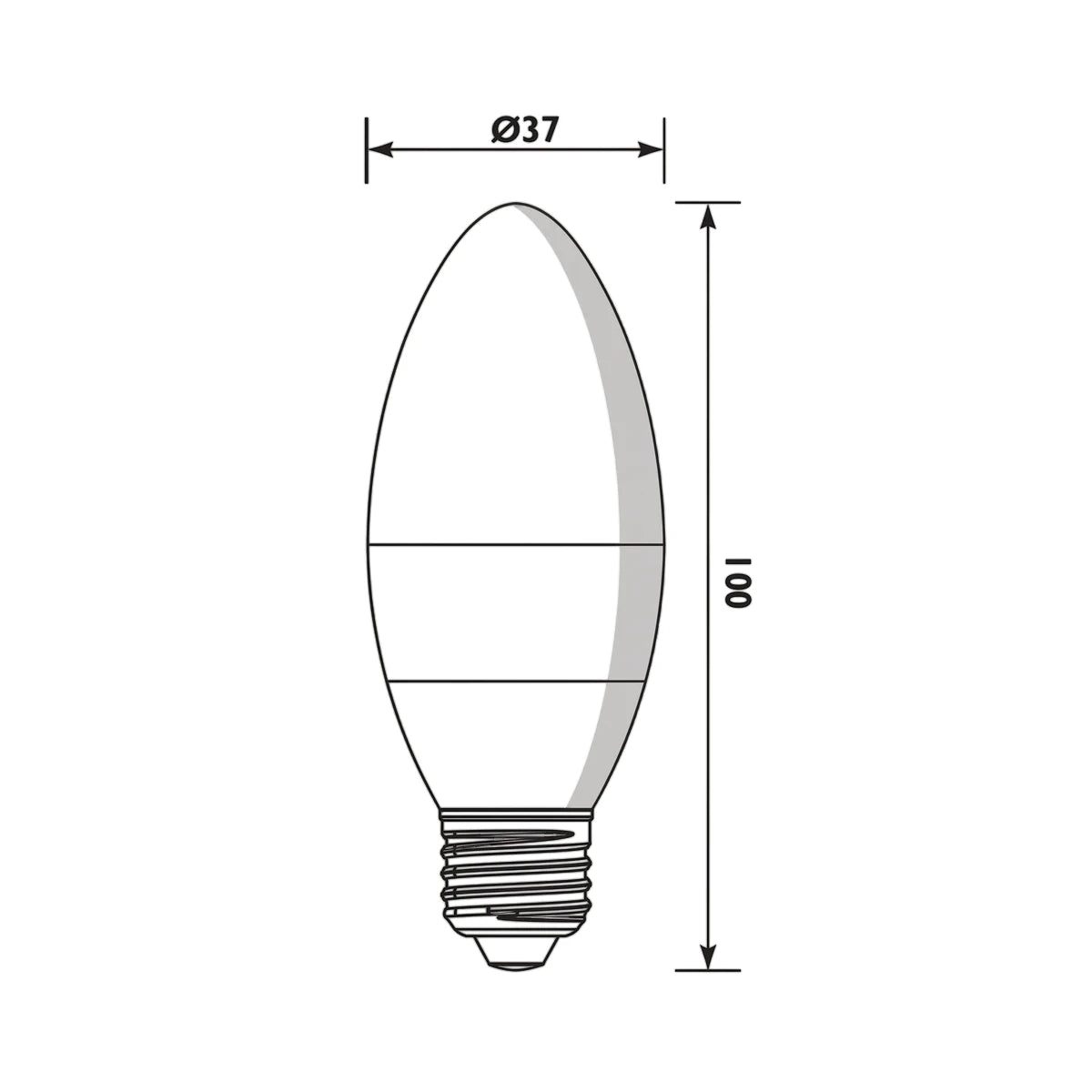 Technical drawing of a Candle Frosted E27 6W LED bulb, showing its elongated shape, E27 screw base, and dimensions of 37mm