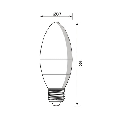 Technical drawing of a Candle Frosted E27 6W LED bulb, showing its elongated shape, E27 screw base, and dimensions of 37mm