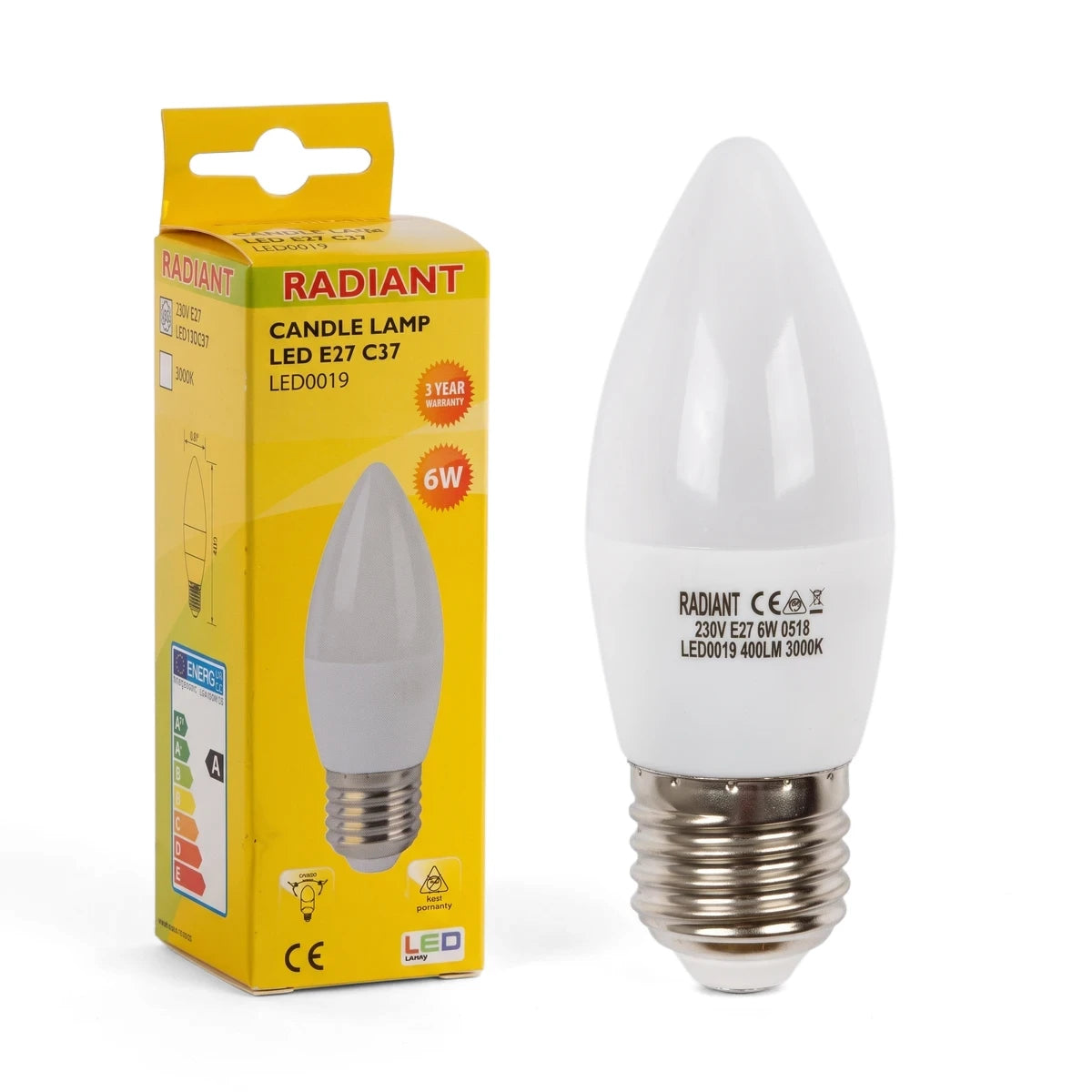 White frosted E27 6W LED candle lamp bulb with silver base shown alongside its yellow and red packaging box.