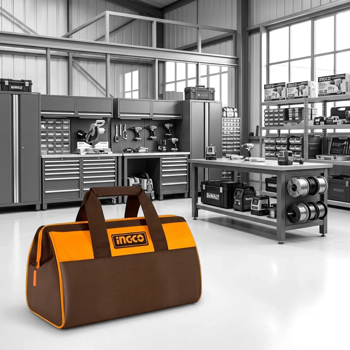 Brown and orange 13-inch Canvas Tool Bag with Ingco logo, designed for tool storage with a 12kg capacity.