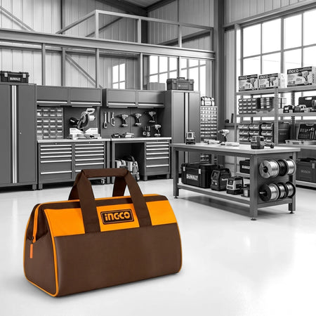 Brown and orange 13-inch Canvas Tool Bag with Ingco logo, designed for tool storage with a 12kg capacity.