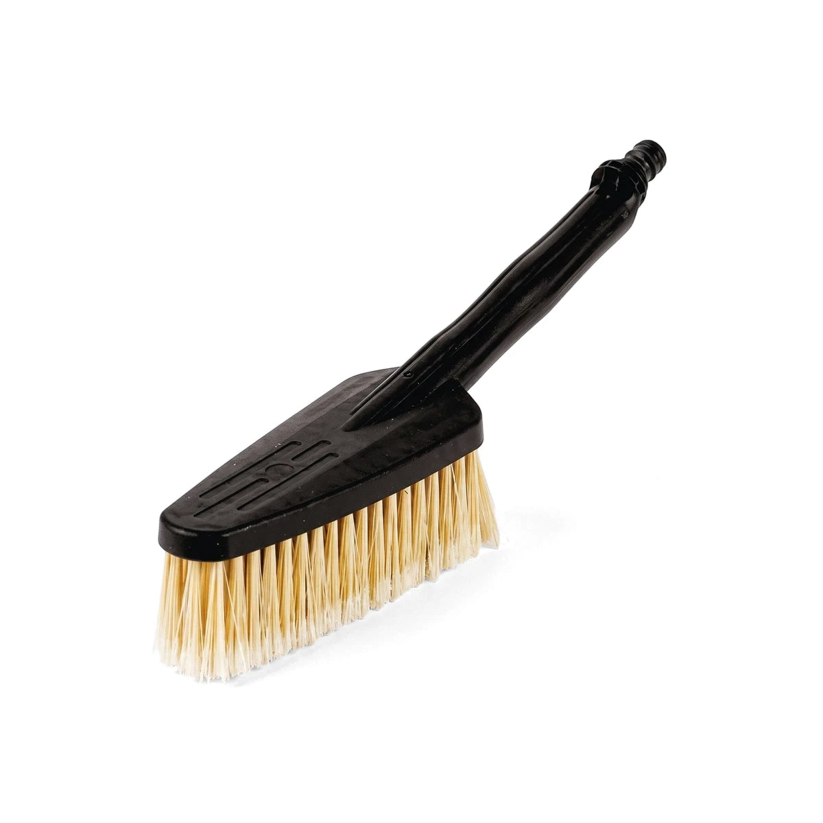 Black car wash brush with beige bristles and a threaded hose connection, designed for effective vehicle cleaning.