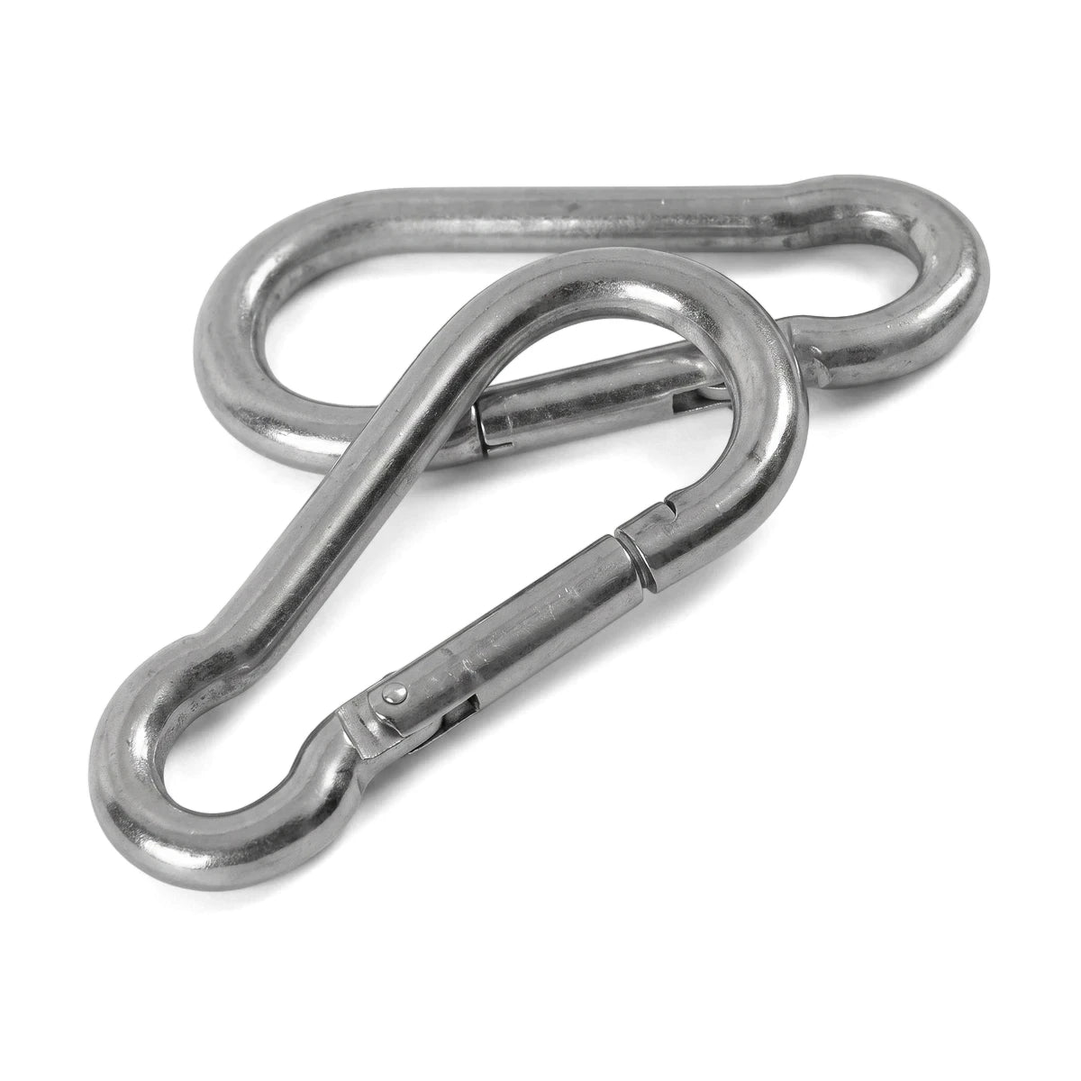 Two silver metal M5X50 carabiner hooks, overlapping, with spring-loaded gates. This two-piece padlock set is viewed from the