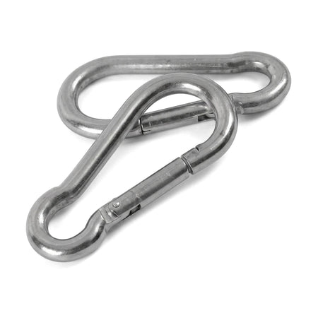 Two silver metal M5X50 carabiner hooks, overlapping, with spring-loaded gates. This two-piece padlock set is viewed from the