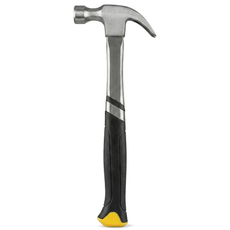 450g Carbon Steel Claw Hammer with a silver head, black fibreglass handle, and a yellow tip, standing upright.