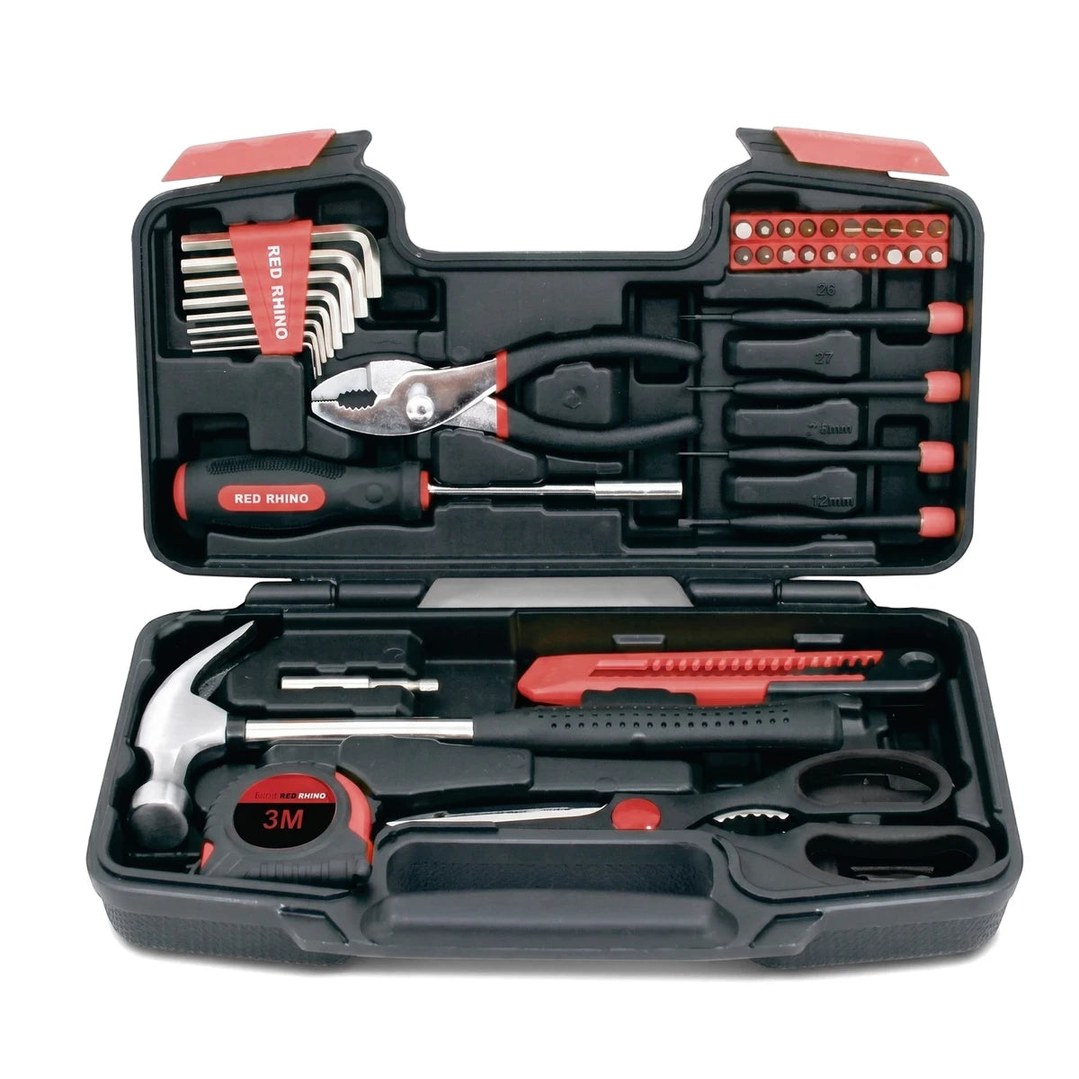 Open 39-piece Carbon Steel Hand Tool Kit in a black and red plastic case, showcasing various tools like a hammer, pliers,