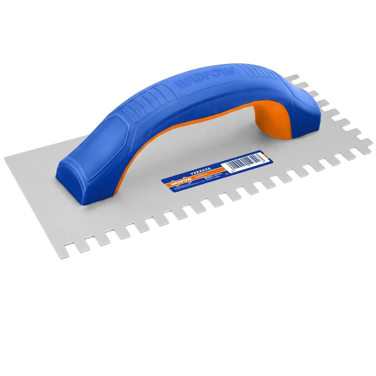 Blue and orange Carbon Steel Plaster Trowel, sized 230x100mm with 10x6mm teeth, for tiling and construction work.