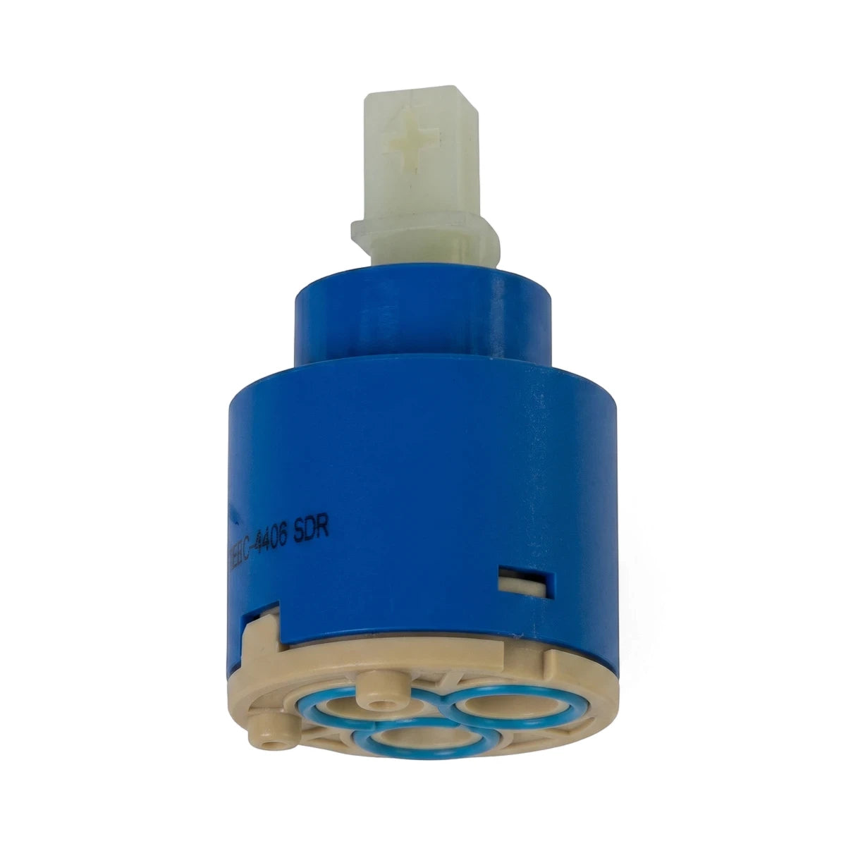 Blue and beige faucet cartridge, a ceramic disk valve component for water flow control in plumbing.