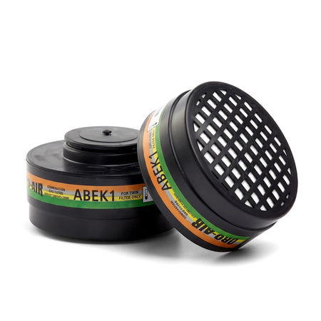 Two black Cartridge Twin respirator gas mask filters with ABEK1 labels displayed on a white background, showcasing their