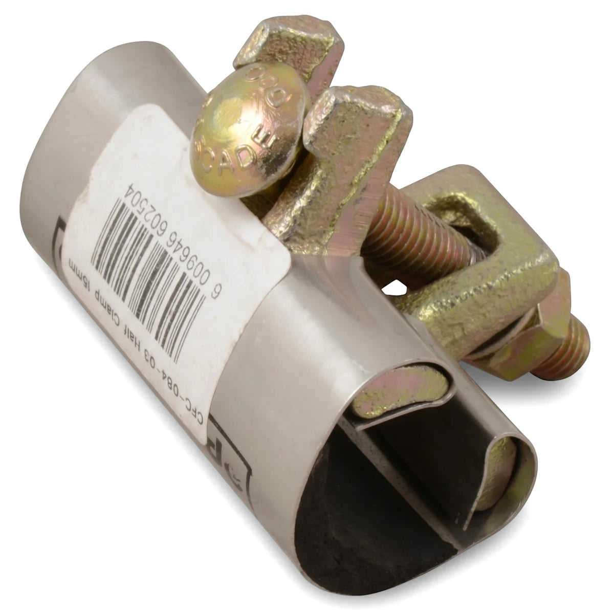 A stainless steel Cascade Half Clamp Coupling, 15mm, featuring gold-toned bolts and a barcode label, displayed on a white