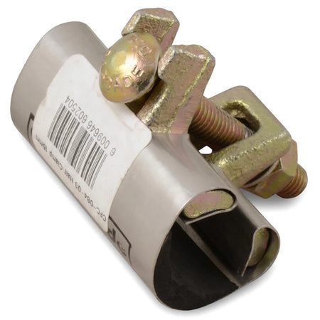 A stainless steel Cascade Half Clamp Coupling, 15mm, featuring gold-toned bolts and a barcode label, displayed on a white