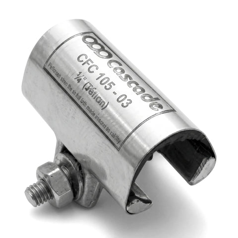 Metallic Cascade Half Clamp Coupling, 20mm x 75mm, featuring a durable shiny finish and visible bolt mechanism from a side