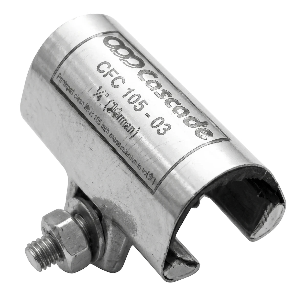 Chrome-plated Cascade Half Clamp Coupling, 32mm x 75mm, with visible branding and securing hardware, angled view.