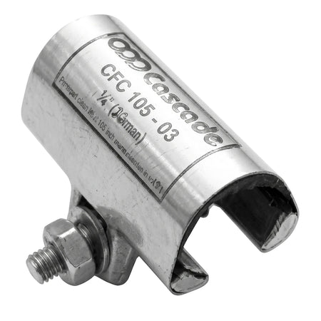Chrome-plated Cascade Half Clamp Coupling, 32mm x 75mm, with visible branding and securing hardware, angled view.