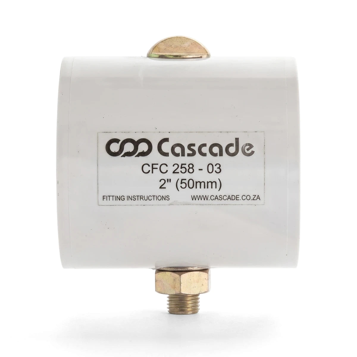 White Cascade Half Clamp Coupling, 50mm x 75mm, featuring a cylindrical body and brass fittings, shown from a slightly