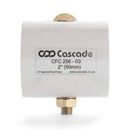 White Cascade Half Clamp Coupling, 50mm x 75mm, featuring a cylindrical body and brass fittings, shown from a slightly