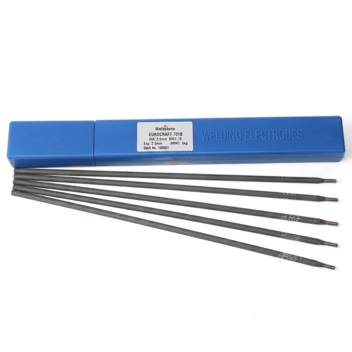 Cast Iron 55 2.5mm welding rods packaged in a blue plastic container with a white label, displayed horizontally.