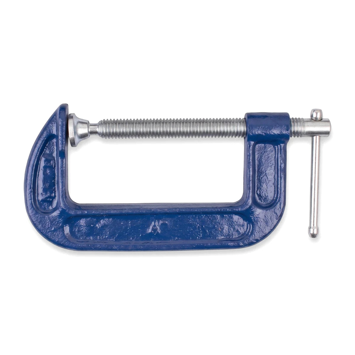 Cast Iron G-Clamp 4-inch (100mm) in blue with silver screw handle, side view for clamping workpieces.